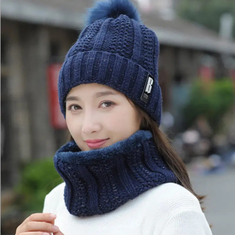 Новая Мода Удобный шарф шляпа комплект для женщин зимние теплые однотонные помпоны трикотажные мягкие шапки и шарфы для 2 шт