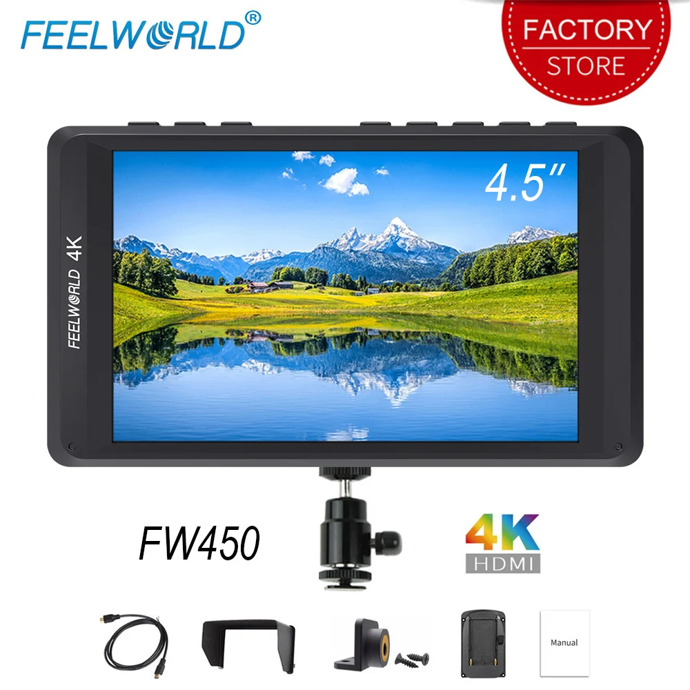 Feelworld FW450 4,5 дюймов DSLR камера полевой монитор ips маленький HD 1280x800 4K HDMI вход выход светильник вес портативный ЖК-мониторы