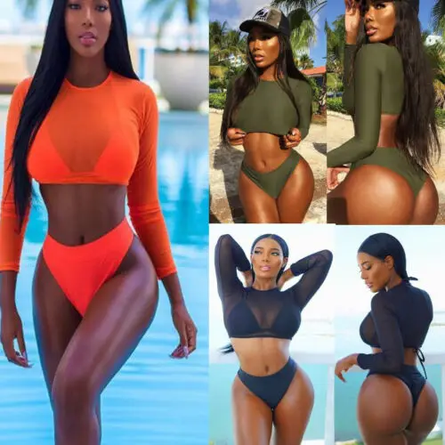 

Women High Waist Swimwear Bikini Set Long Sleeve Push-up Padded Bra Bathing Suit Swimsuit Solid 2019