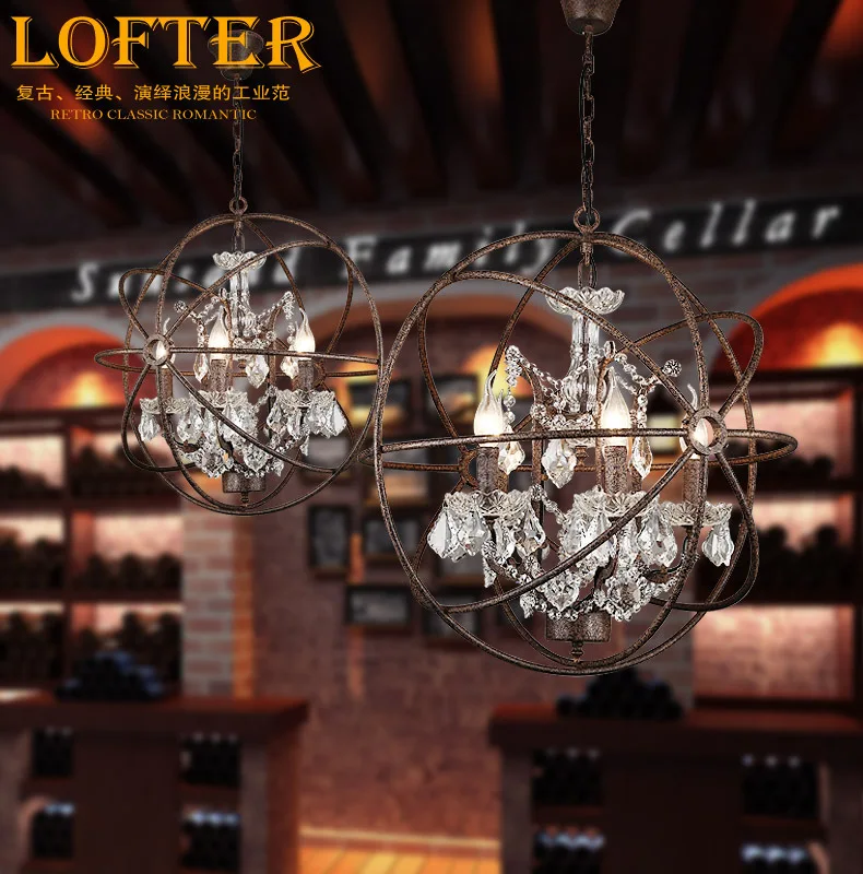 

Loft Vintage American Rural Orb Globe Crystal Ring Chandelier Rustic Creative Clothing Store Restaurant Iron Hanging Lamp