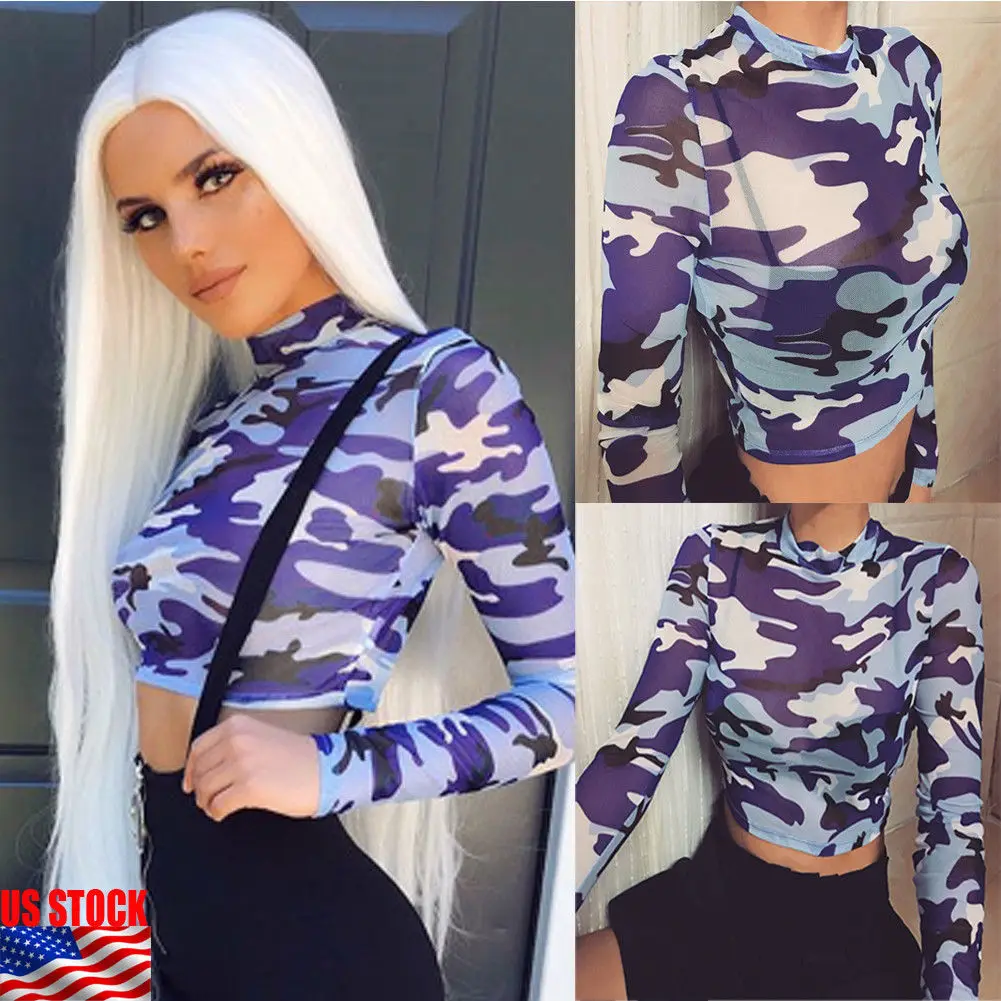 

Summer New Women Camo Mesh Fish Net T-Shirts Long Sleeve Turtle Neck Tees See Crop Top Camouflage T-Shirt Fashion Streetwear