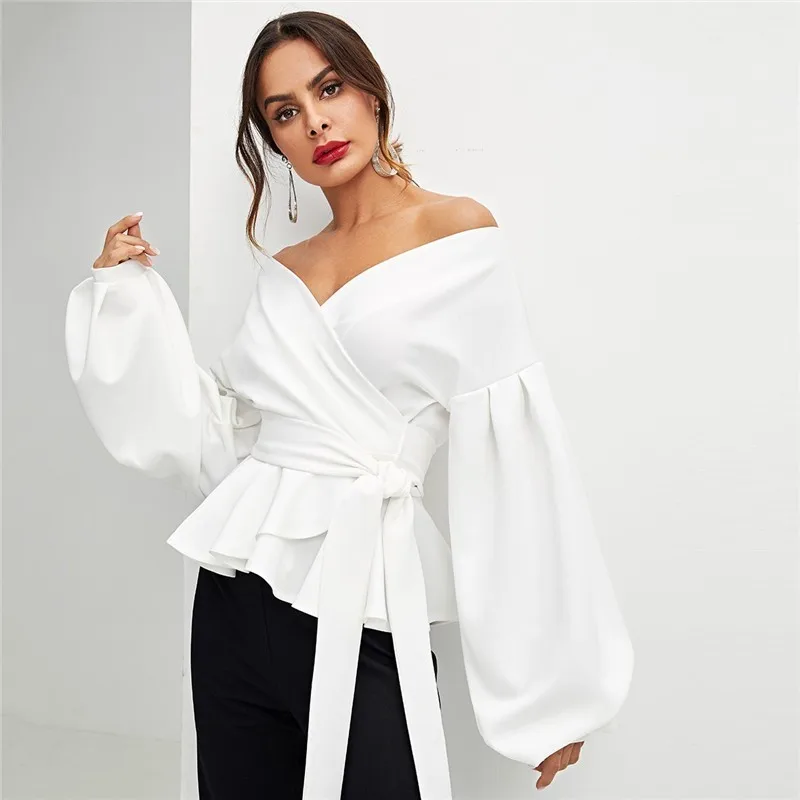 

ZOUHIRC White Office Lady Elegant Lantern Sleeve Surplice Solid Blouse Autumn Sexy Women Tops Blouses