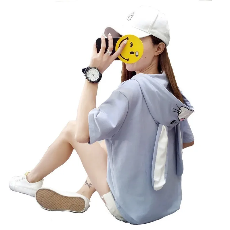 

Summer Female Lovely Pink Rabbit Long Ears Hooded T Shirts Kawaii Half Sleeve Mori Girls Bunny Embroidery Tee Tops Plus T-shirt