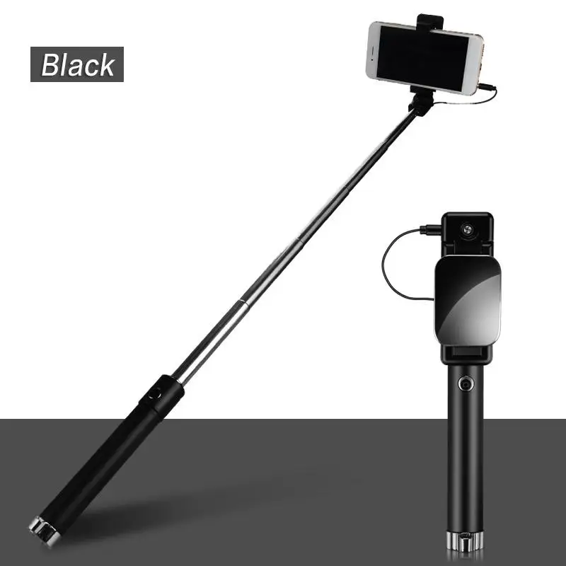 

Mini Selfie Stick Stainless Steel With Rubber Antislip Pads Mirror Freely Retractable Line-control Selfie Stick For Mobile Phone