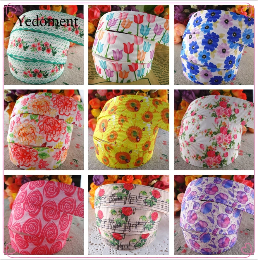 

18092726, 1" 25mm 10 yards flowers printed grosgrain ribbons DIY hair bows handmade materials
