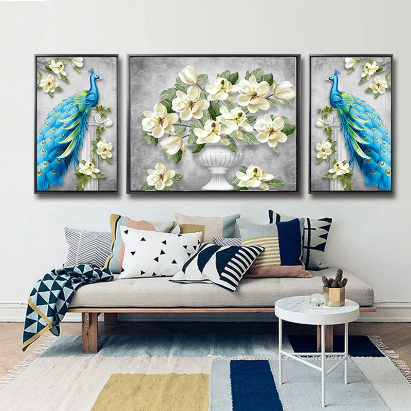 

3 pcs diy Diamond Painting Full Drill Animal Peacock Flowers Vase Living Room Sofa Background Decorative Paintings Home Decor