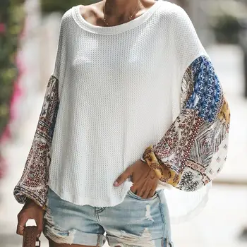 

Women Loose Patchwork Flower Lantern Sleeve Sweater Knitwear Autumn Blouse Top