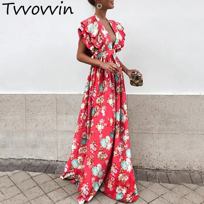 

2019 New Fashion Hollow Out Sexy V Neck Print Womens Dresses Butterfly Sleeve Vintage Loose Robe Dress Woman big size plus AS082