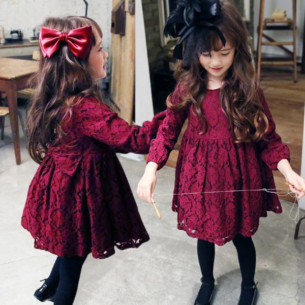 

Spring Autumn Vintage Dark Red Baby Girls Princess Party Dress Lace Long Sleeve Bowknot Back Costumes Kids Dresses For 3-8Years