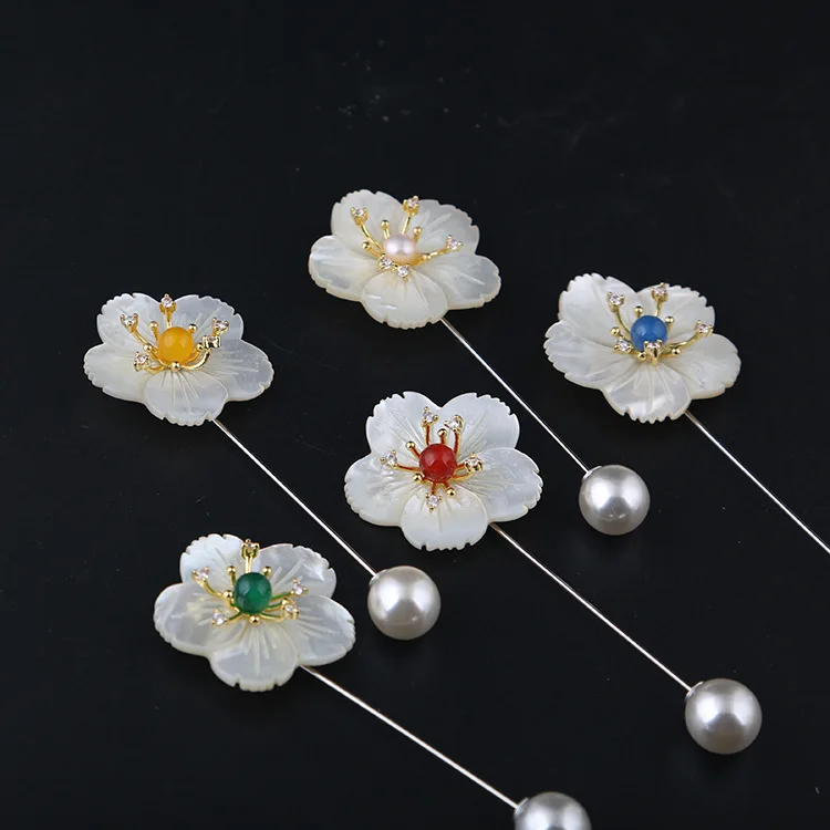 

i-Remiel High-grade Natural Pearl Shell Five Rate Flower Brooch Pin Long Needle Brooches Pins Shawl Buckle Clothing Accessories