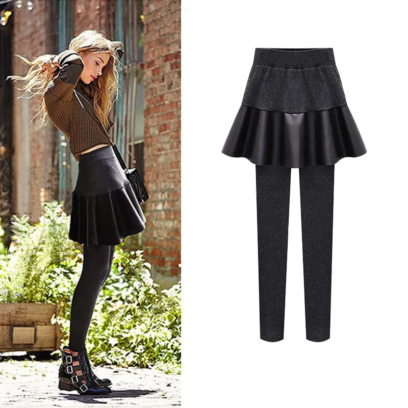 Winter Women Plus Size Fake Two Pieces Pu Skirt Pencil Pants Solid Velvet Elastic Waist Thick Fleece Keep Warm Trousers