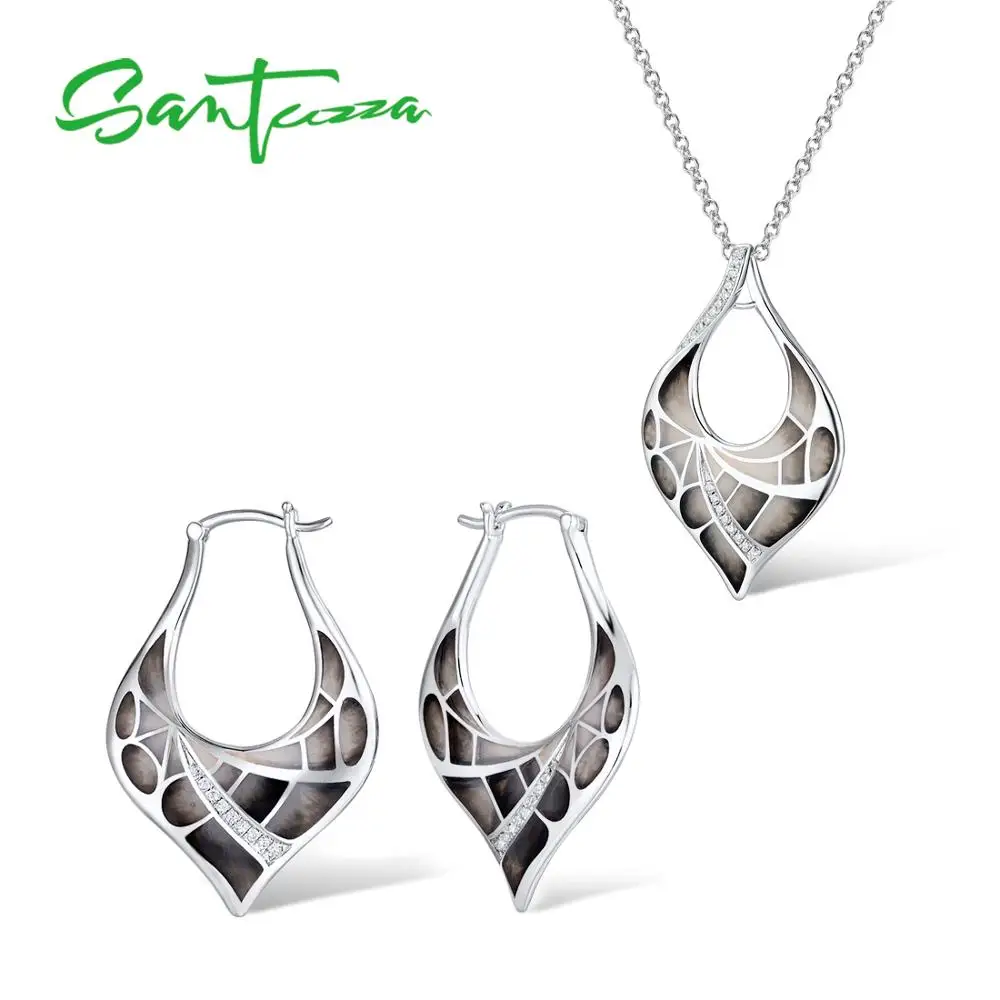 SANTUZZA набор украшений для женщин 925 пробы серебряные Нежные Черные листья серьги ожерелье Модные ювелирные изделия ручной работы эмаль