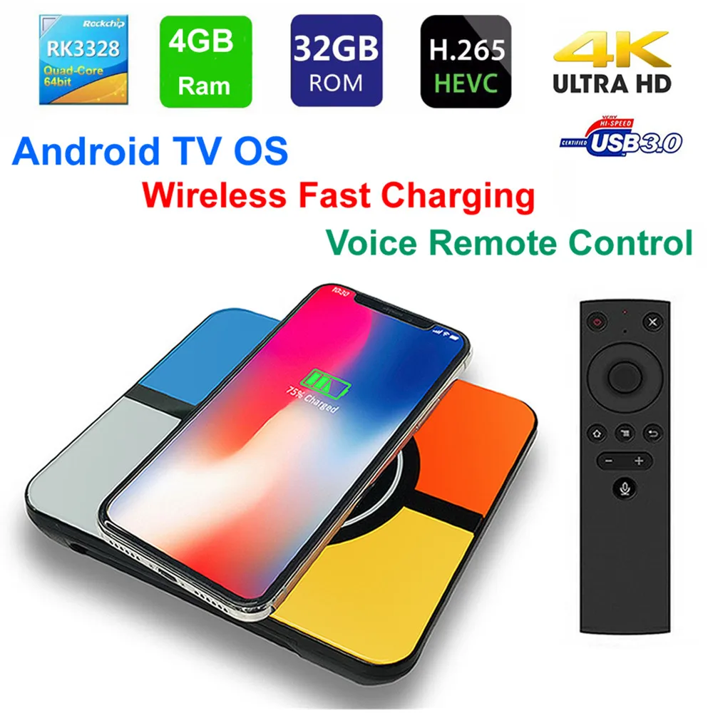 

S10 PLUS TV Box with Wireless Charging Voice Search Rockchip 3328 Android 7.1 4GB 32GB 2.4G WiFi 100Mbps USB3.0 Support 4K H.265