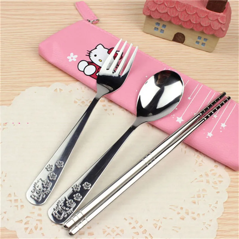 

3pcs/Set Cartoon Hello Kitty Dinnerware Set For Kids Tableware Stainless Steel Travel Tableware