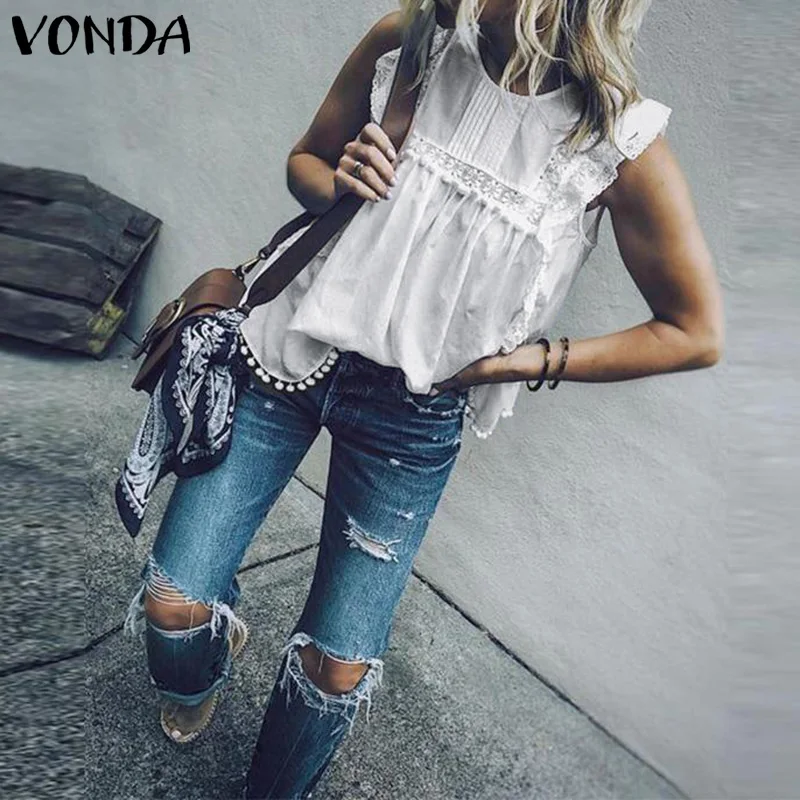  2019 VONDA Women Summer Tunic Blouse Sleeveless Tops Lace Hollow Tanks Butterfly Sleeve Tassel Sexy