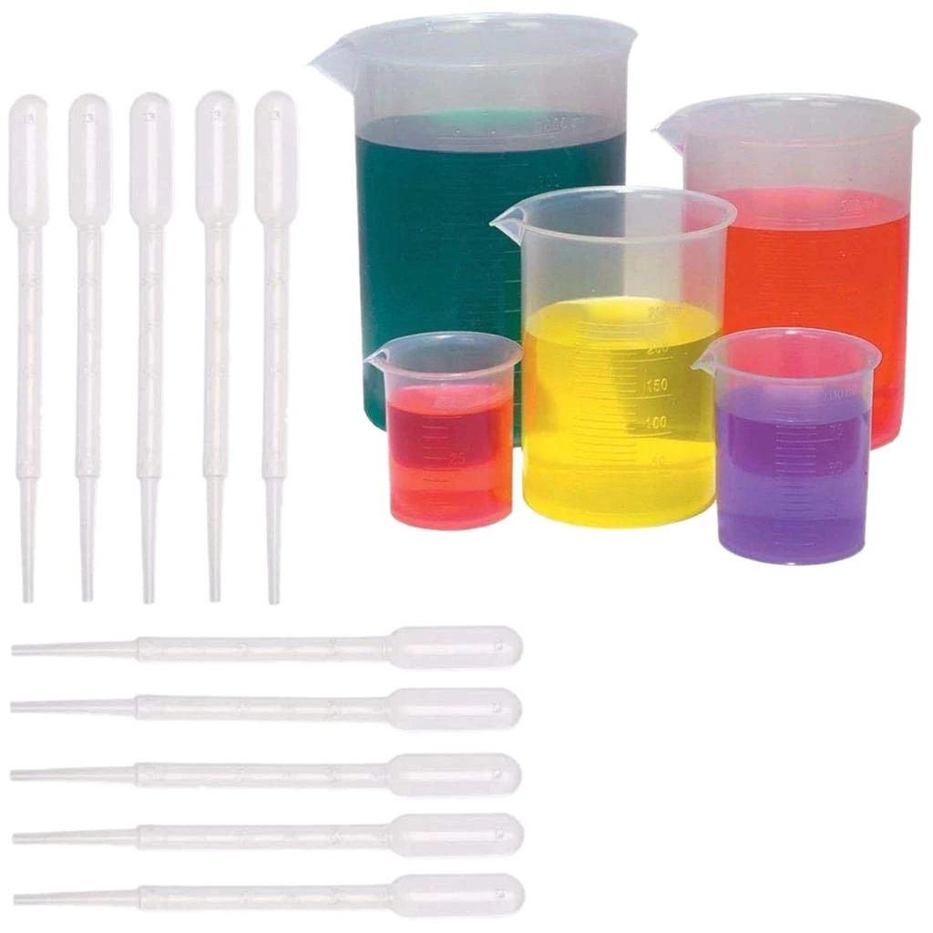 PPYY NEW-5 размеров Пластиковые Beakers набор измерительных чашек (50, 100, 250, 500, 1000 мл) и 20 Pack Clear 3 мл Градуированный Transfer Pipet