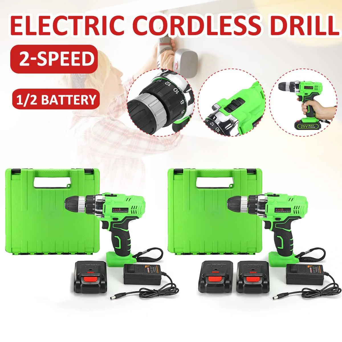 

25V Double Speed Electric Screwdriver Cordless Drill Lithium Batteries Wireless Power Driver Tools for DIY Drilling Work