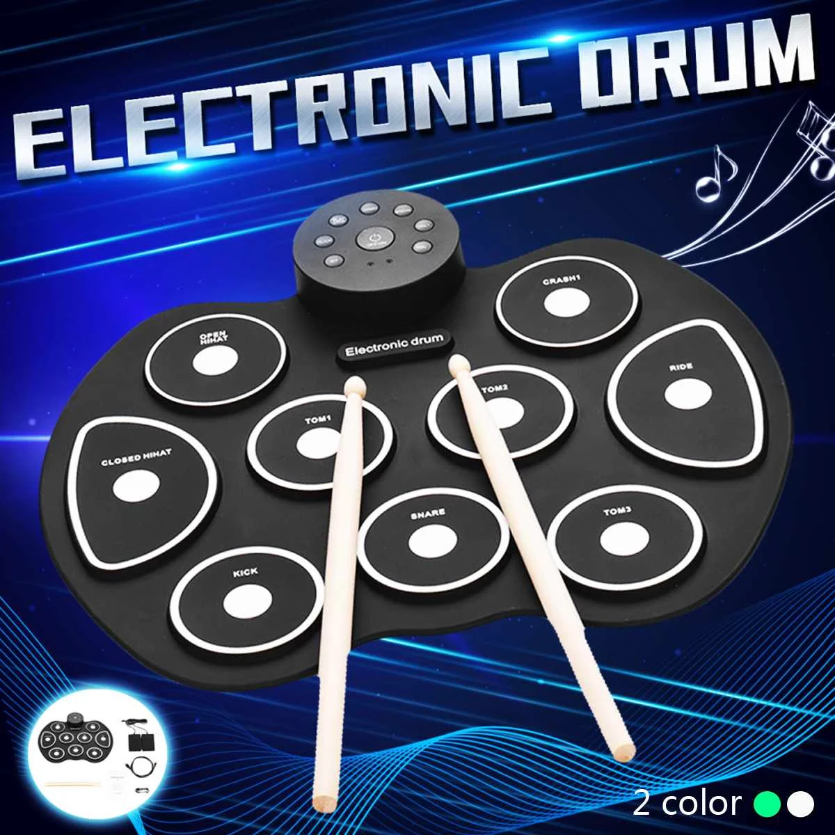 9 Portable Digital Electronic Roll Up Drum Set Kit 7 Silicon Drum Pads