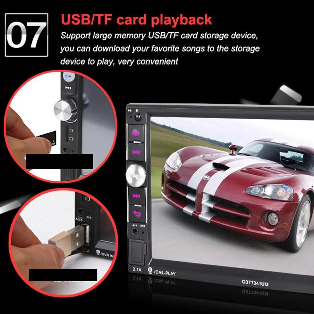 

7'' 2 Din Car Radio Car Stereo MP5 Player Touch Screen TF 2 USB FM Bluetooth DVD Video Auto Multimedia Player with Camera 7041U
