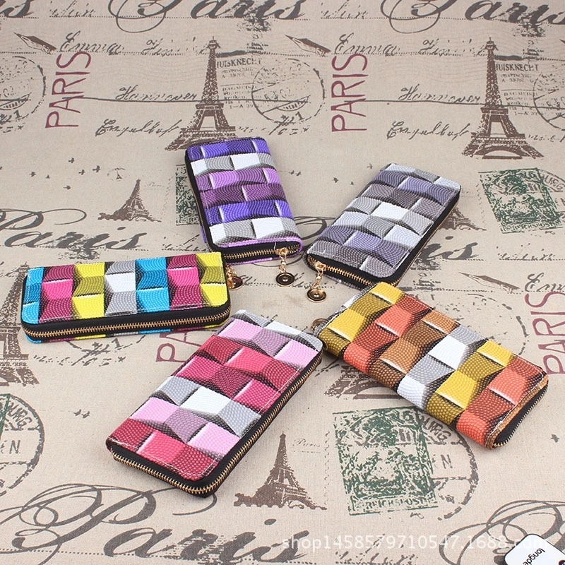 

Korean Version Fashion Water Bead Pattern Hit Color Long Paragraph Multi-Card Zipper Wallet Purse Handbag Bag Mobile Phone