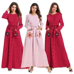 Женские мусульманские Длинные Макси-Платье рубашка abaya Вышивка Карманы Дубай Кафтан однобортный исламское платье повседневное с круглым