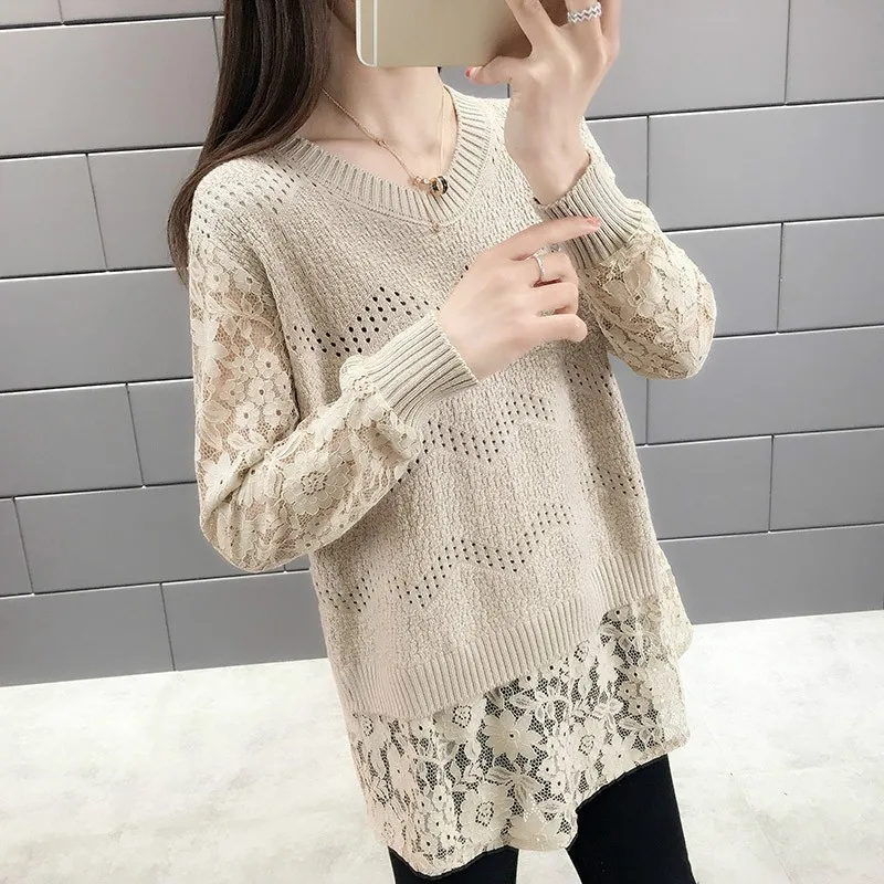Women Sweaters And Pullovers O-neck Long Sleeve Knitted Pullover Sweater Women Spring Autumn Knitwear Lace Patchwork Sweaters