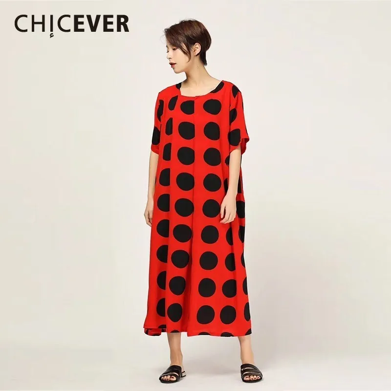 

CHICEVER Spring Casual Hit Color Dot Women Dress O Neck Short Sleeve Loose Plus Size A-line Mid-calf Women Dresses 2019 New