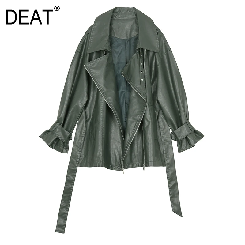 

[DEAT] 2019 New Spring Lapel Long Sleeve Green Pu Leather Loose Bandage Large Size Jacket Women Coat Fashion Tide JI75