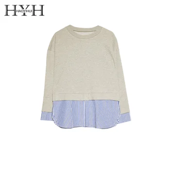 

HYH HAOYIHUI Cuff Opening And Splicing Hem Fake Two-piece Sweat Autumn Plus Size Kawaii Ladies Street Style Long Sleeve