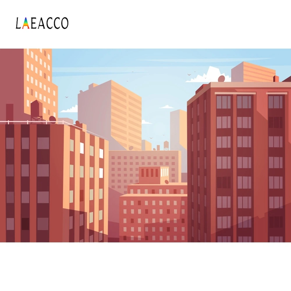 

Laeacco Cartoon Buildings Comic Cloud Sunlight Photography Backgrounds Customized Photographic Backdrops For Photo Studio