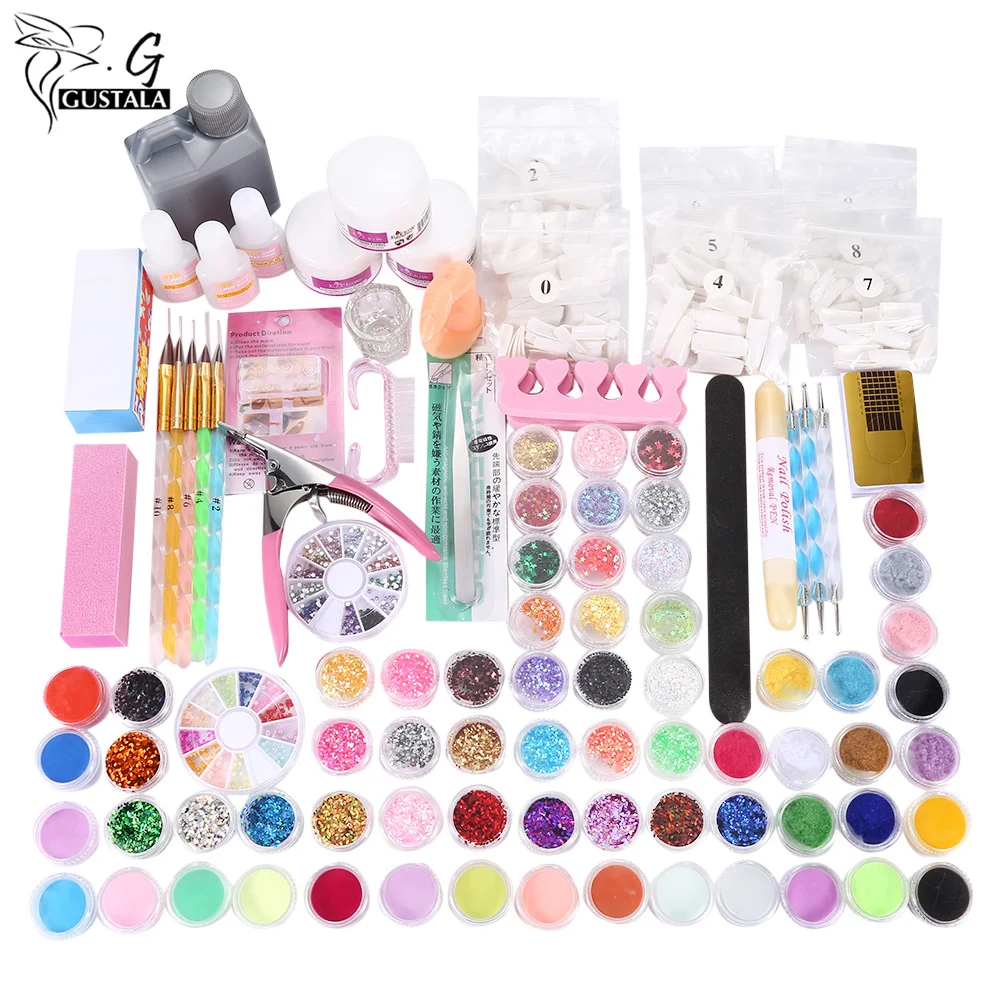 

gustala DIY Nail Decorations Manicure Set Buffer Glue Acrylic Glitter Powder Liquid File Tips Pen Tool Kit