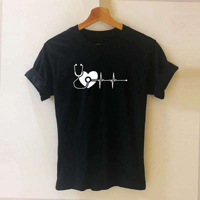 

New Heartbeat Registered Nurse T Shirts Women Girls Tops Cotton Short Sleeve Female Funny Nurse Doctor T-shirt