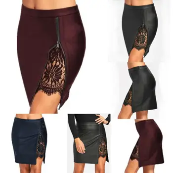 

Women Summer Sexy Lace PU Leather High Waist Short Bodycon Fit Mini Skirt Pencil Skirts
