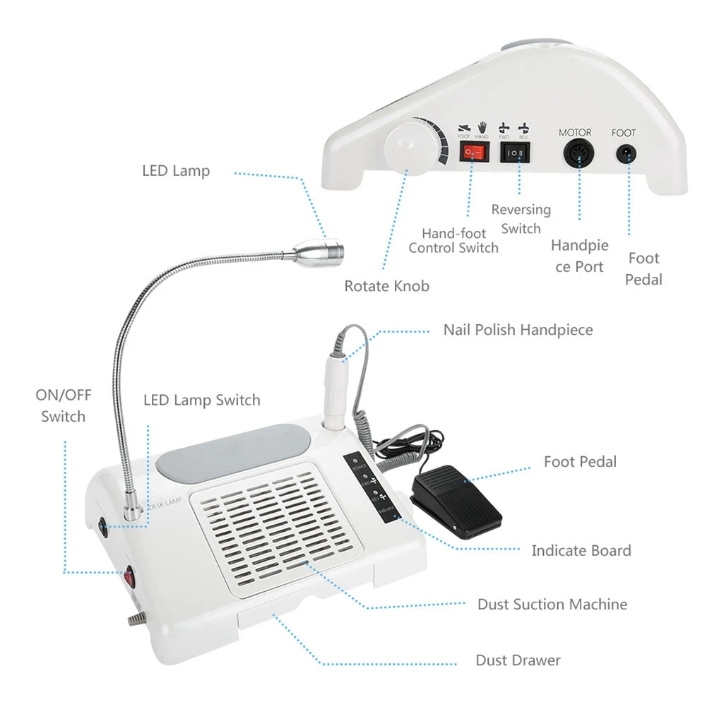 3 в 1 кусачки для ногтей для измельчения полировки коллектор для буровой пыли пылесоса, маникюр, машинка для маникюра с светодиодный Рабочий стол для педикюра для маникюра, оборудование для маникюра