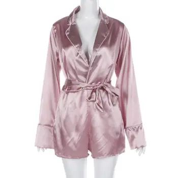 

Sexy Womens Solid V-neck Satin Mini Playsuit Plunge Belted Jumpsuit Beach Shorts 6-18