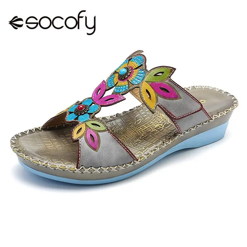 

SOCOFY Vintage Gems Flowers Pattern Soft Genuine Leather Stitching Adjustable Hook Loop Sandals Ladies Shoes Spring New 2019