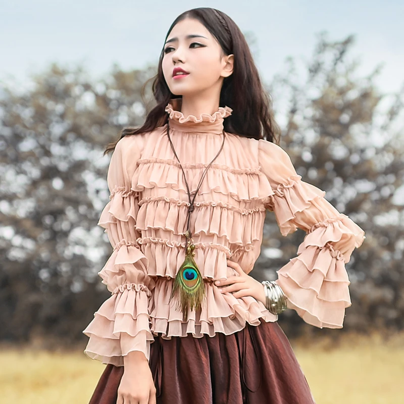 Free Shipping 2023 New Boshow Fashion Long Sleeve Autumn And Spring Royal Ruffle Chiffon Shirt For Women S-L Vintage Blouse women floral print ruffle neck contrast lace sleeve top sexy blouse fashion cold shoulder casual shirts summer free shipping