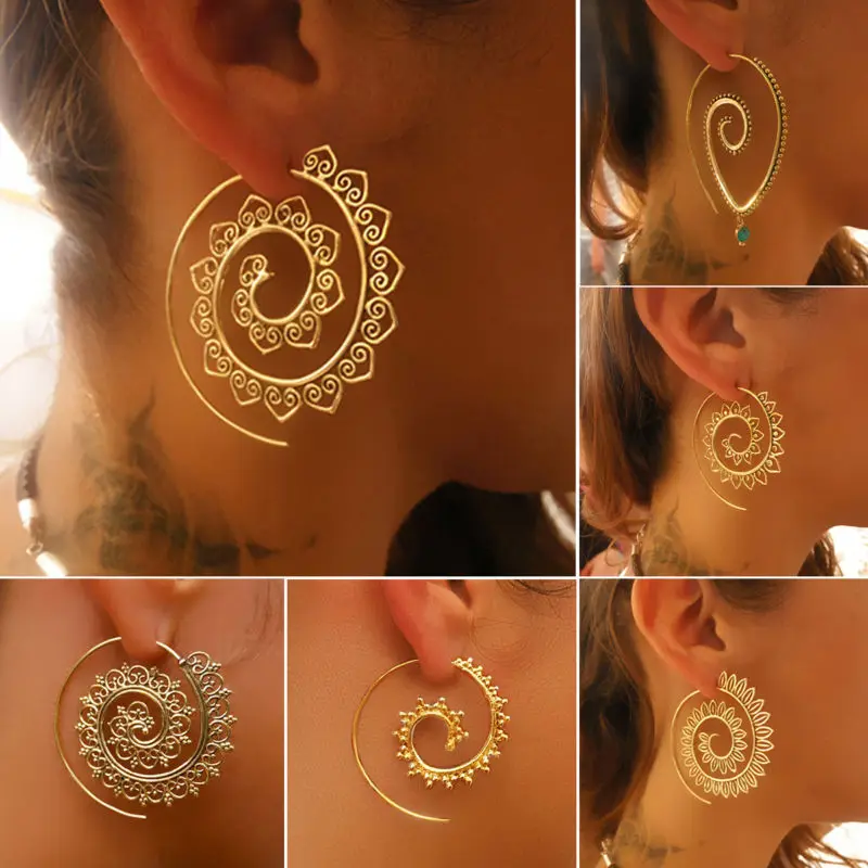 Hoops Jewellery Boho Spiral Brass Gypsy Earrings Tribal Ethnic Festival Indian 