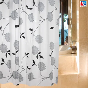 

Black White Leaves Opaque Waterproof Mildew Proof PEVA Thicke Bath Shower Curtain With 6