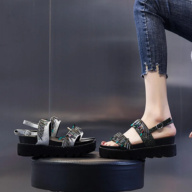 SWYIVY Chunky Sandals Shoes Woman Summer Platform Casual Shoes Black 2019 New Rhinestone Lady Sandals For Woman Wedge Shoes SWYIVY Chunky Sandals Shoes Woman Summer Platform Casual Shoes Black 2019 New Rhinestone Lady Sandals For Woman Wedge Shoes