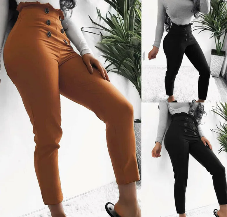 

Hirigin Women High Waist Skinny Button Ruffles Trouser Ladies Elastic Silm Pencil Nine Pants