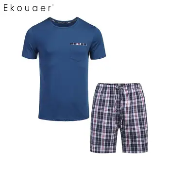 

Ekouaer Men Summer Pajamas Set Nightwear Round Neck Short Sleeve T-Shirts Plaid Pocket Shorts Pajamas Male Sleepwear Suits