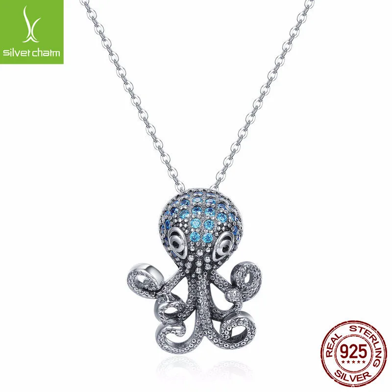 

Cute Design Sterling Silver Octopus Pendant Necklace With Blue Cubic Zirconia Women's Pure Silver Animal Necklaces Scn166