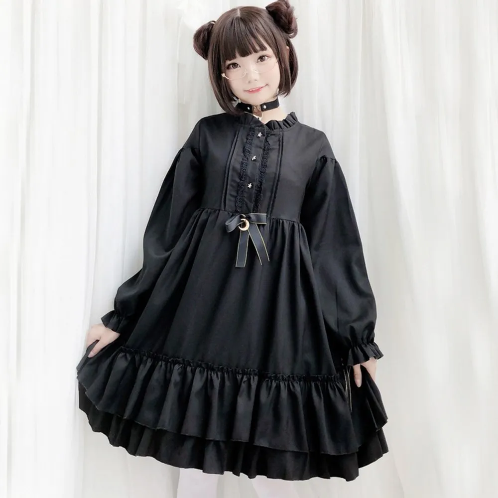 

Rosetic Lolita Dress Women Gothic A Line Sweet Bow Pleated Ruffles Lantern Sleeve Casual School Party Black Vintage Mini Dresses