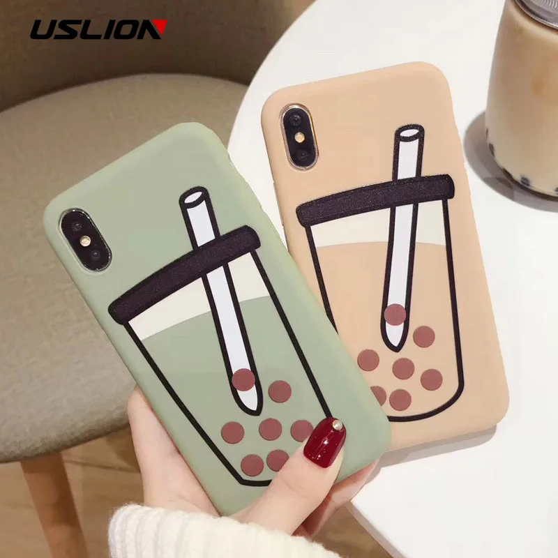 

USLION Funny Milk Tea Drink Case For iPhone XS XR Xs Max X Soft Phone Cases for iphone 6 6S 7 8 Plus TPU Silicone Back Cover