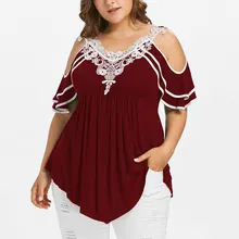 Sovalro размера плюс, многослойная футболка с открытыми плечами, летняя, кружевная, кроше, с оборками, с открытыми плечами, с рюшами, асимметричная женская футболка, топы