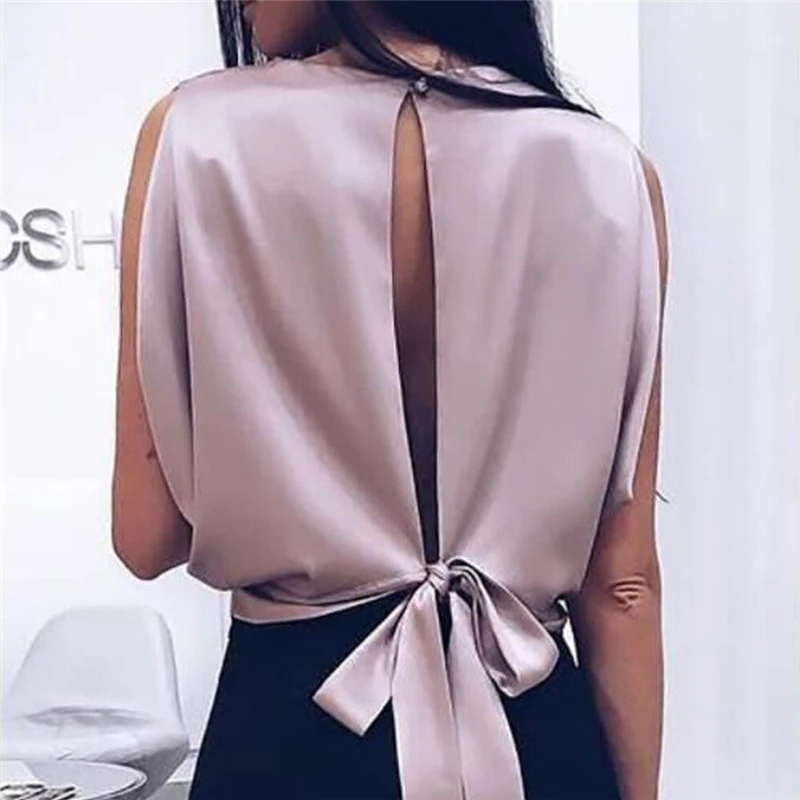 vogue women satin back bowknot lace up blouses sleeveless short blouse new female high street fashion blouse tops femme chic