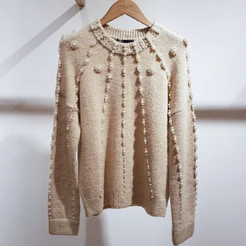 

2019 Spring High Quality France Style Pearls Beading Knitted Sweater Pullover Women Long Sleeve Female Casual Jumper Clothing