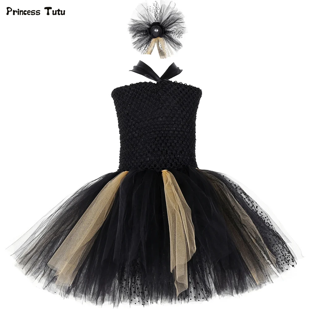 Черный золотистая балетная пачка платье принцессы для девочек вечернее платье на день рождения Тюль Детские платья-пачки для девочек
