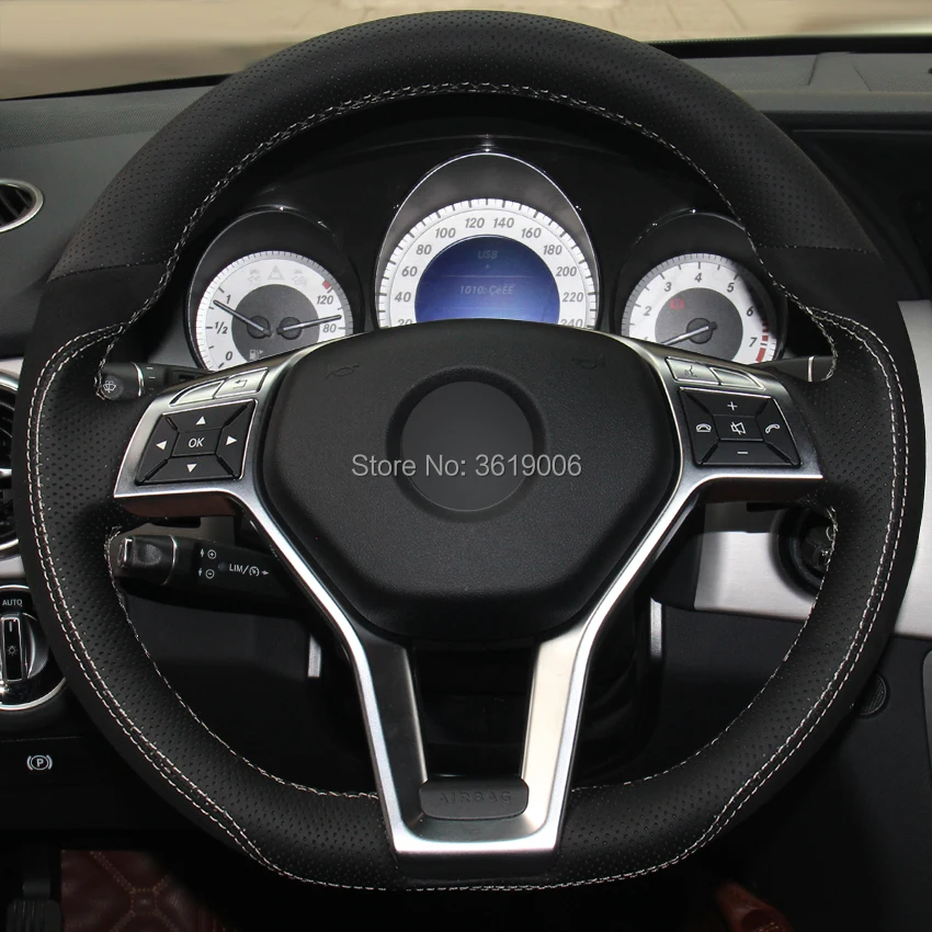 

For Mercedes Benz GLK 260 300 200 Hand-stitched Anti-Slip Black Suede Leather White Thread DIY Steering Wheel Cover